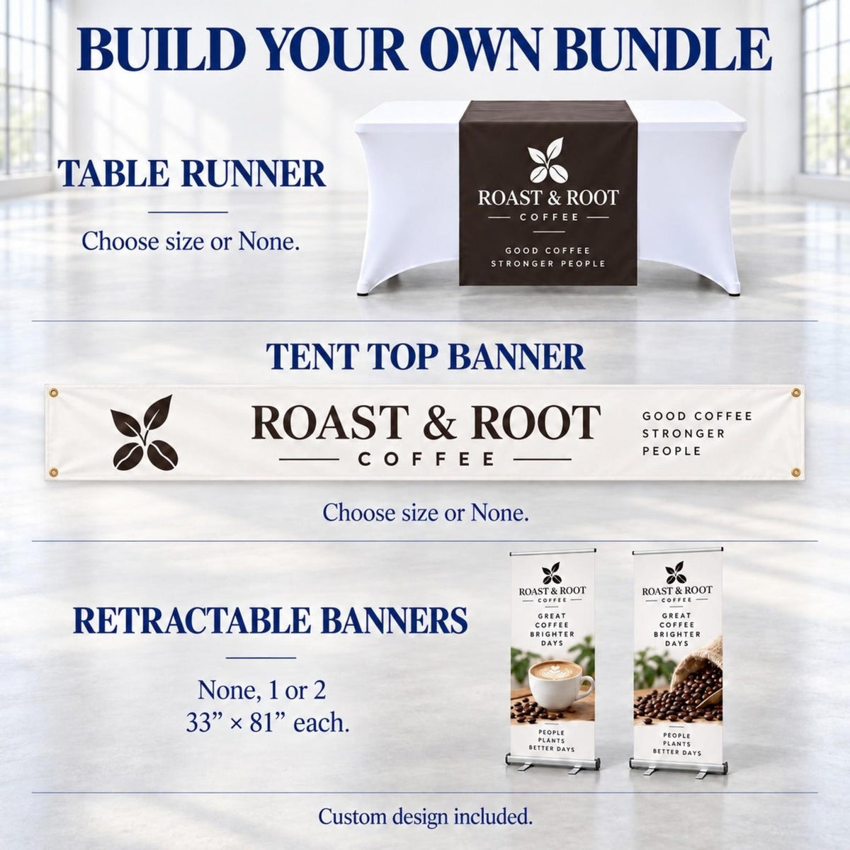 Custom vendor booth bundle with tent top banner, vinyl table runner and optional retractable banners — photo 6