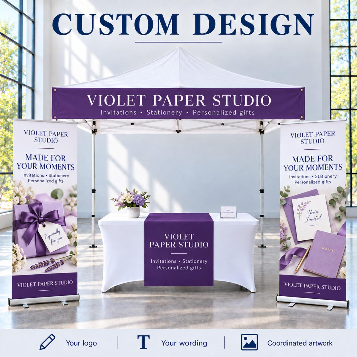 Custom vendor booth bundle with tent top banner, vinyl table runner and optional retractable banners — photo 8
