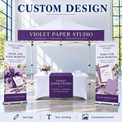 Custom vendor booth bundle with tent top banner, vinyl table runner and optional retractable banners — photo 8