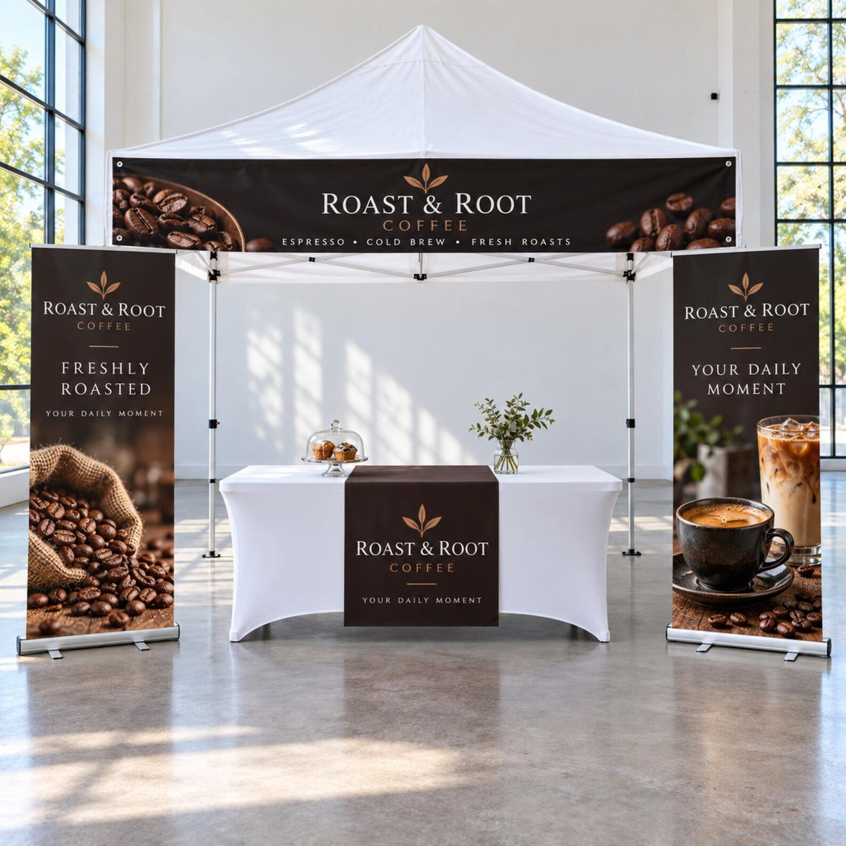 Custom vendor booth bundle with tent top banner, vinyl table runner and optional retractable banners — photo 9