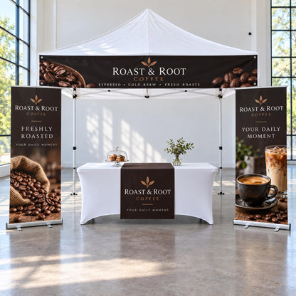 Custom vendor booth bundle with tent top banner, vinyl table runner and optional retractable banners — photo 9