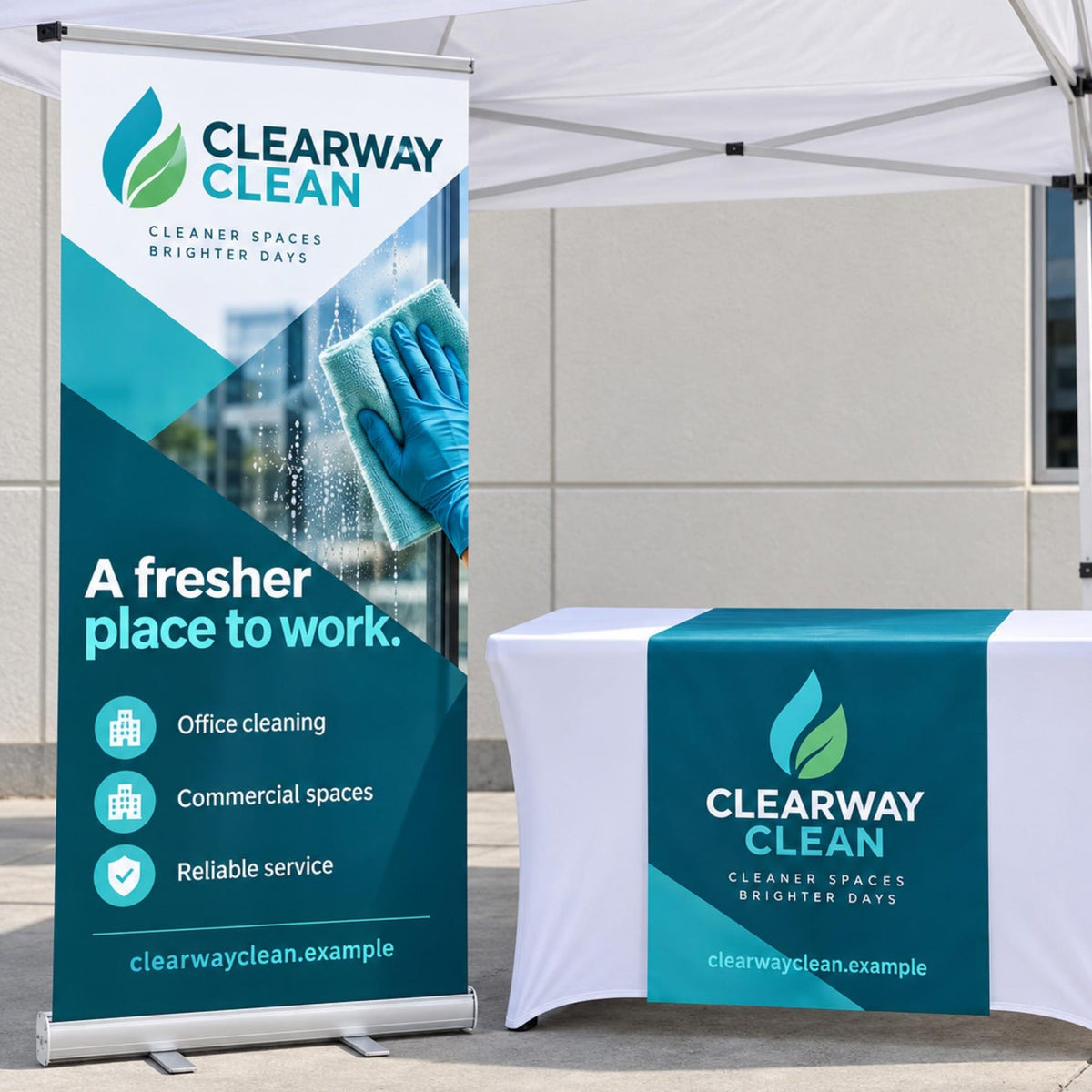 Clearway Clean retractable banner and matching vinyl table runner display