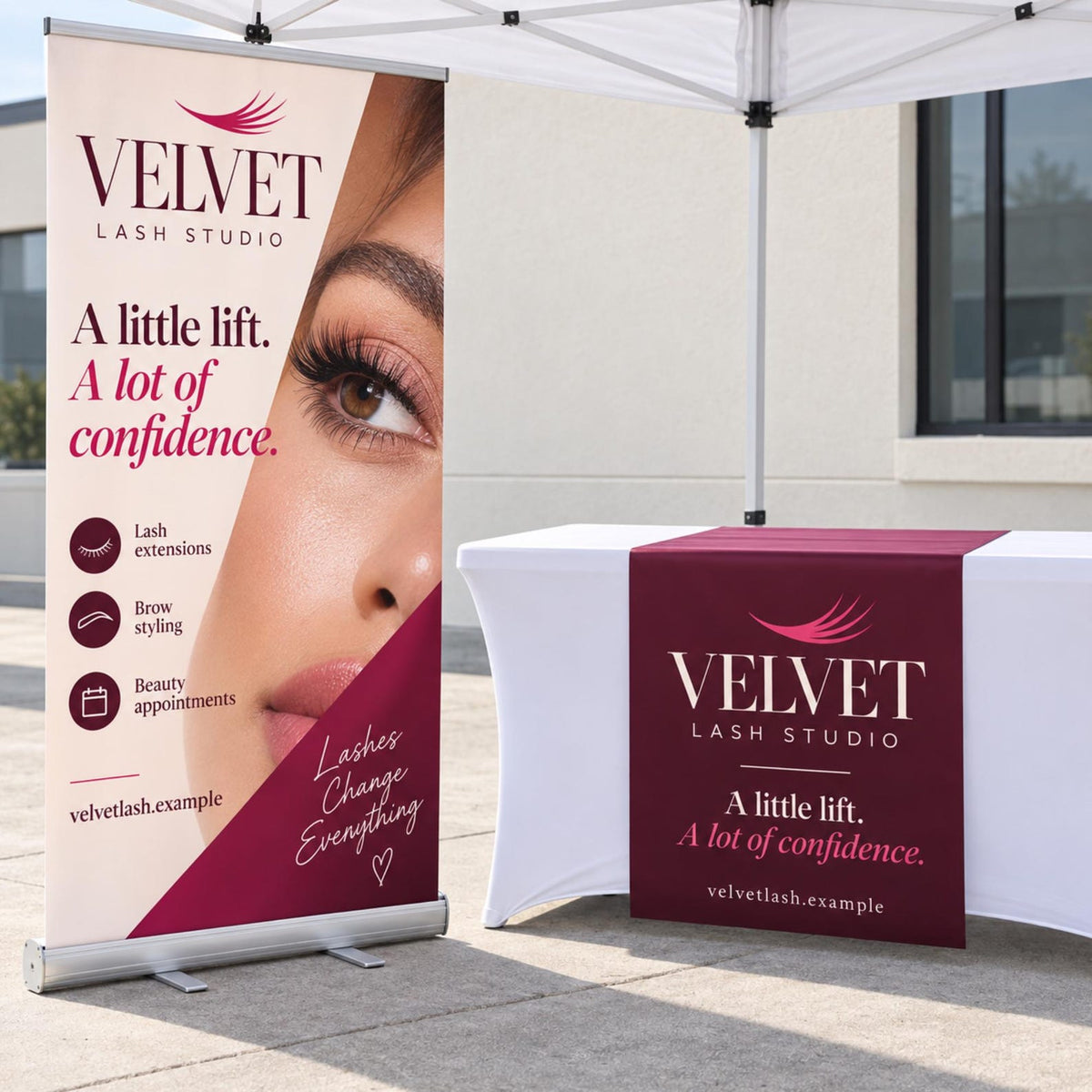 Velvet Lash Studio retractable banner and burgundy vinyl runner