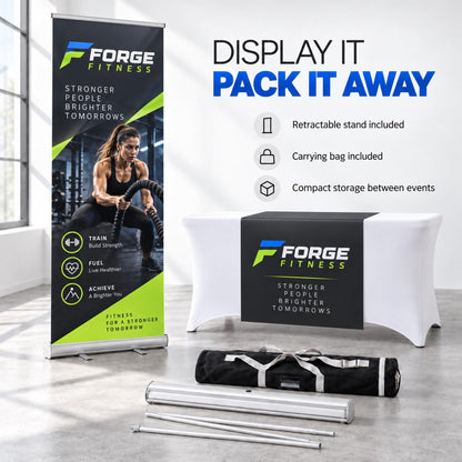 Forge Fitness display with carrying bag and stand parts