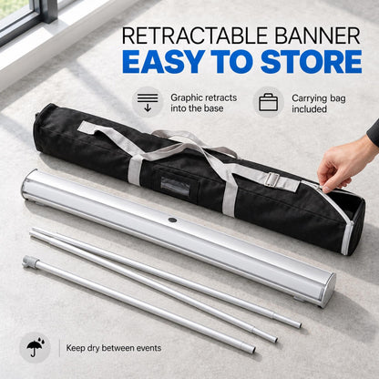 Retractable banner storage guide with silver base, support pole and carrying bag