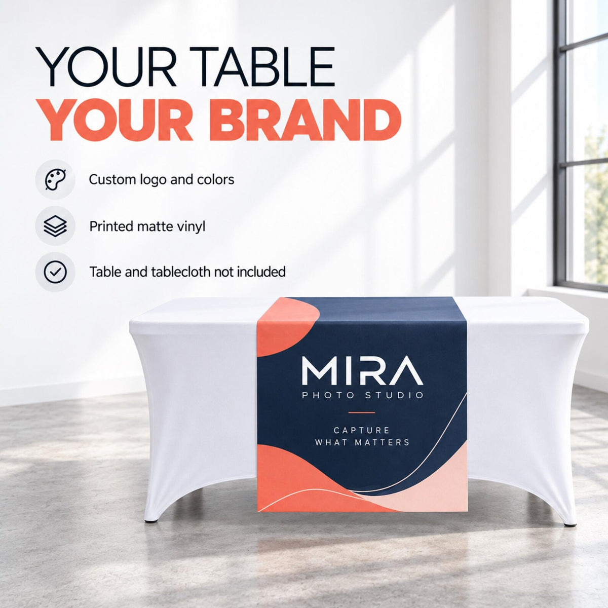 Mira Photo Studio custom vinyl runner; table and tablecloth not included