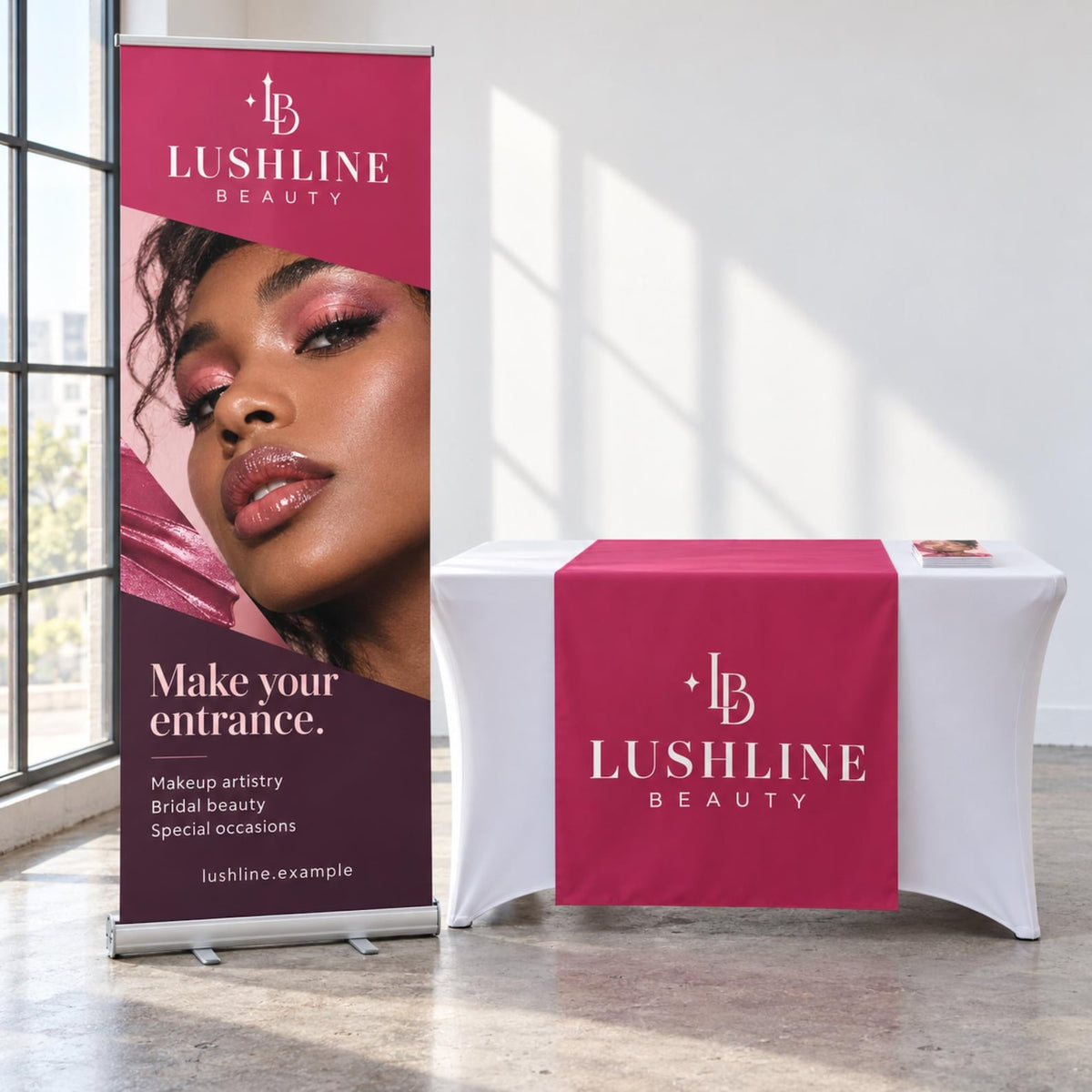 Lushline Beauty banner and matching vinyl table runner