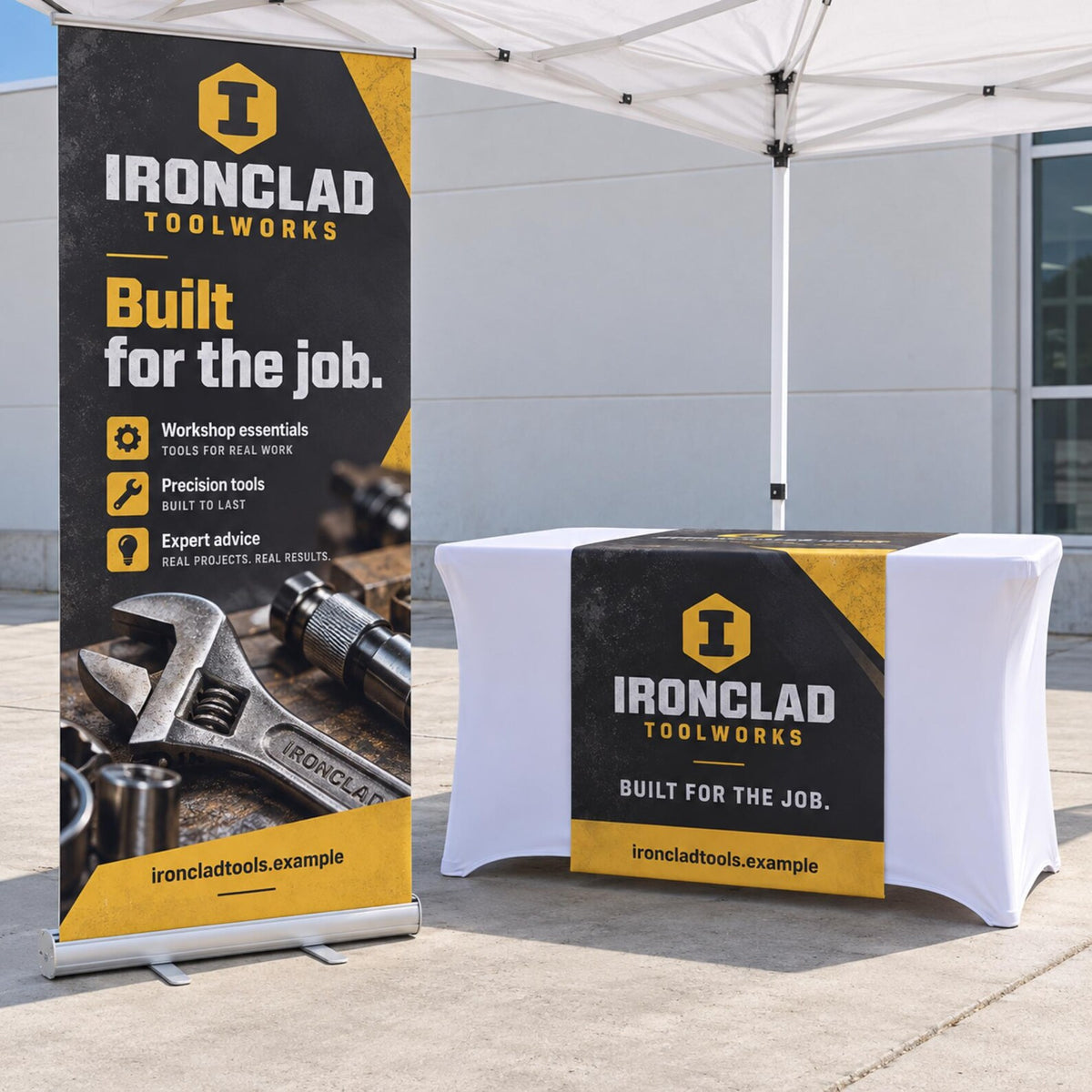 Ironclad Toolworks coordinated banner and vinyl runner display