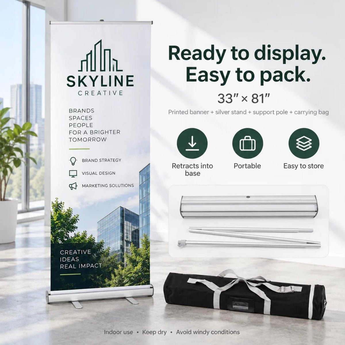 Skyline Creative retractable banner with size guide, stand and carrying bag