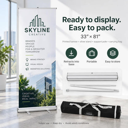 Skyline Creative retractable banner with size guide, stand and carrying bag