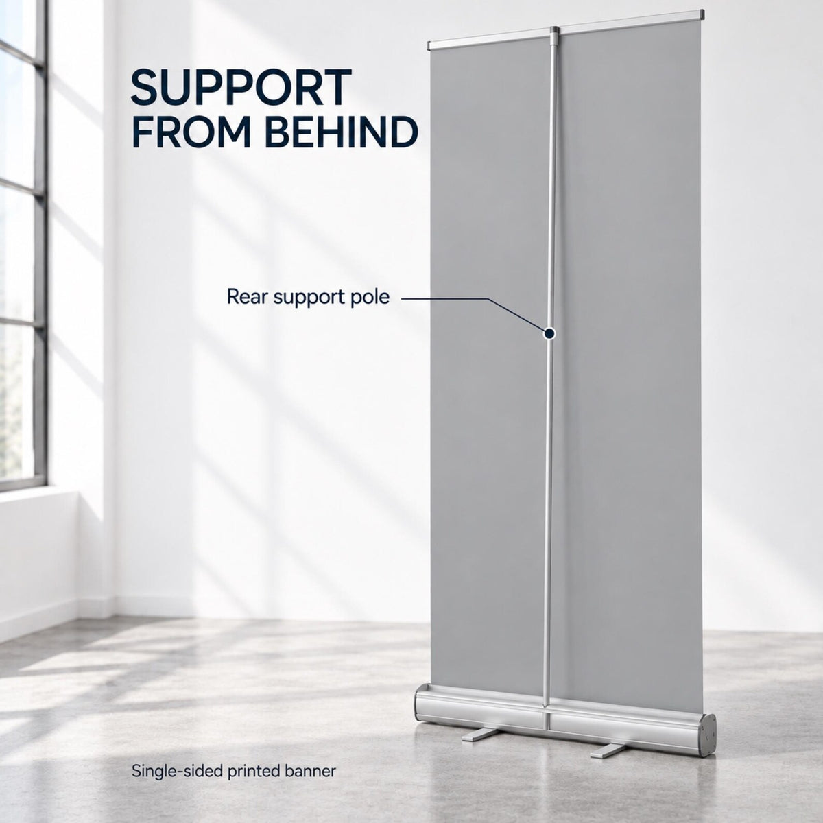 Rear support pole and single-sided retractable banner construction