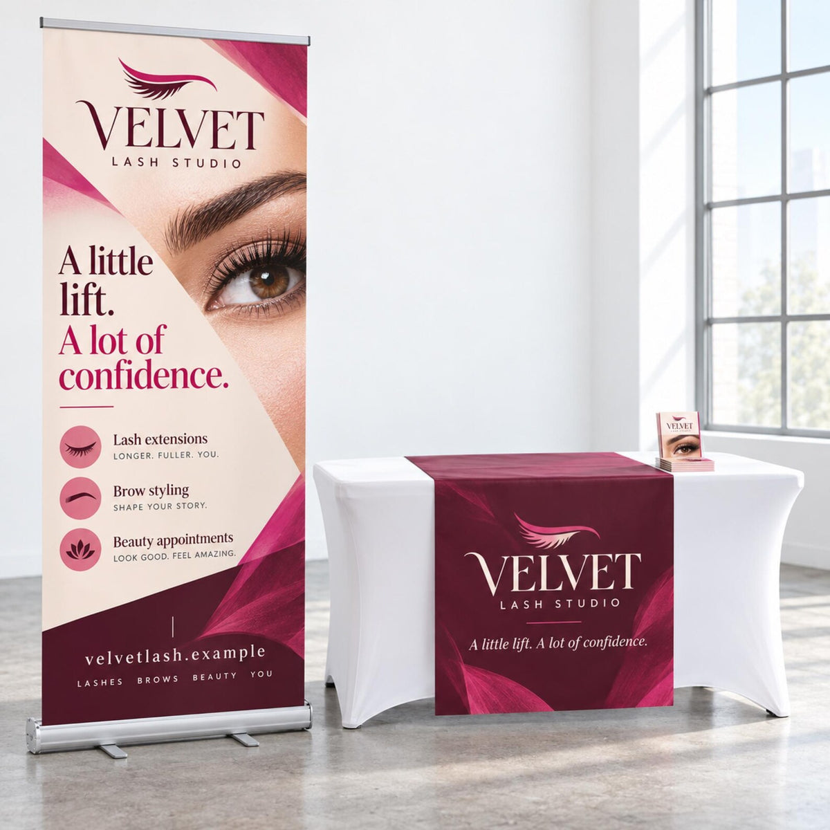 Velvet Lash Studio coordinated banner and vinyl table runner