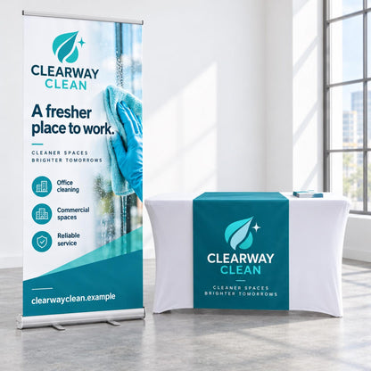 Clearway Clean banner and vinyl runner with teal business branding
