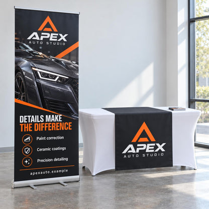 Apex Auto Studio banner and black vinyl table runner