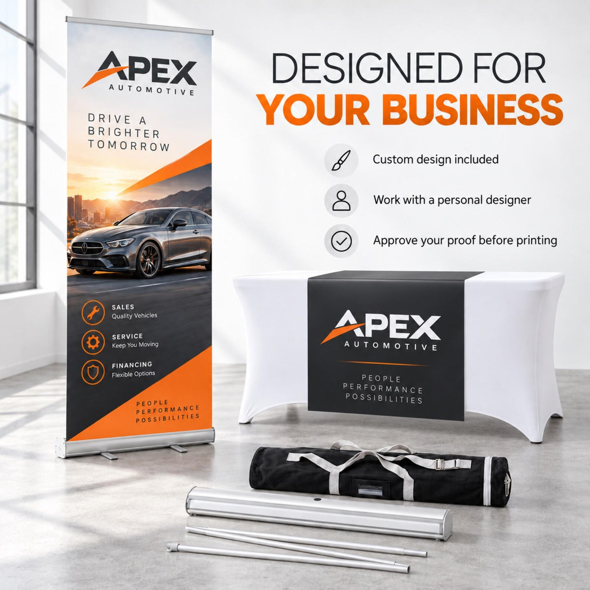 Apex Automotive banner and vinyl runner with stand, poles and carrying bag