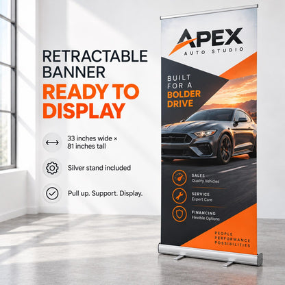 Retractable banner size guide showing 33 by 81 inch display