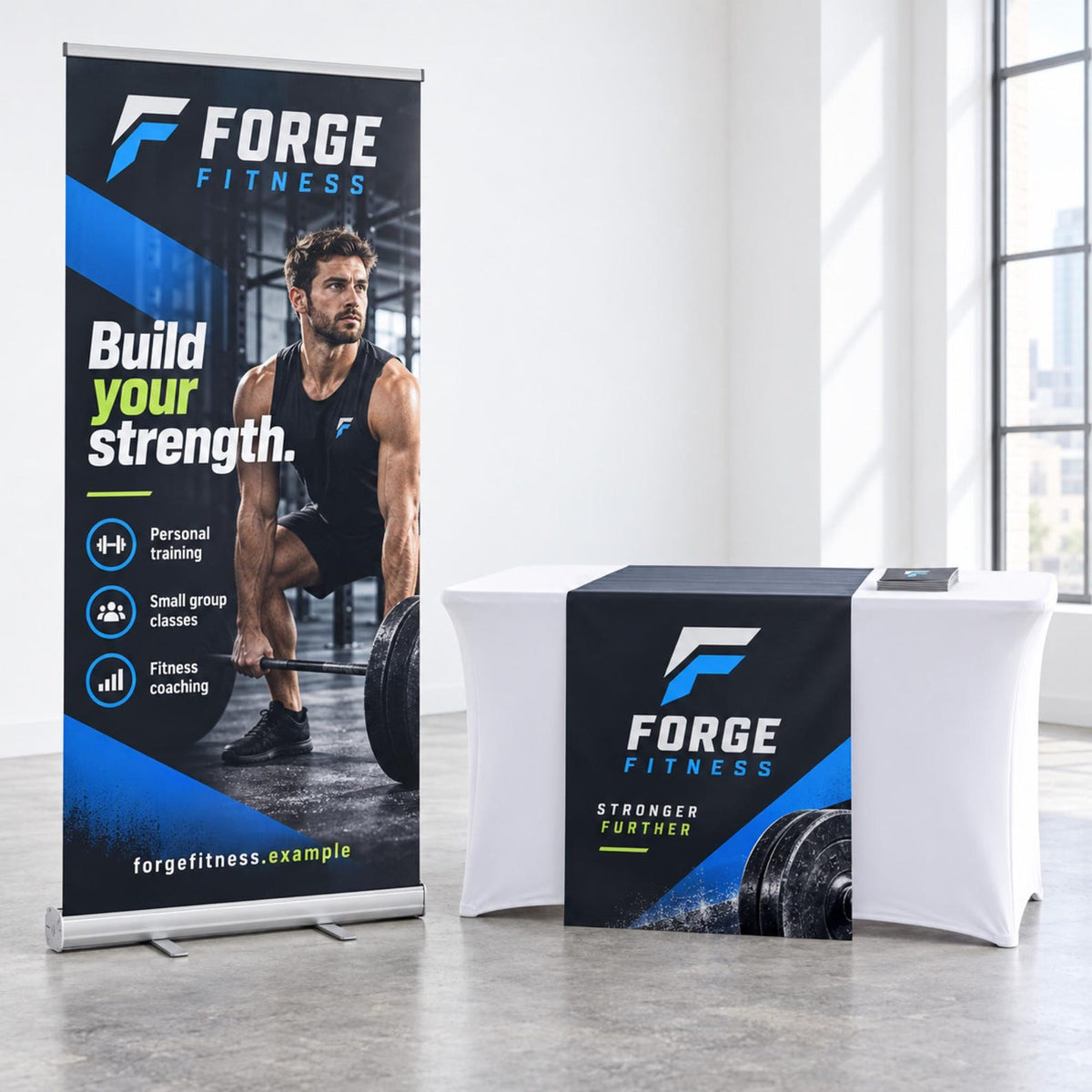 Forge Fitness banner and matching vinyl table runner in blue and white