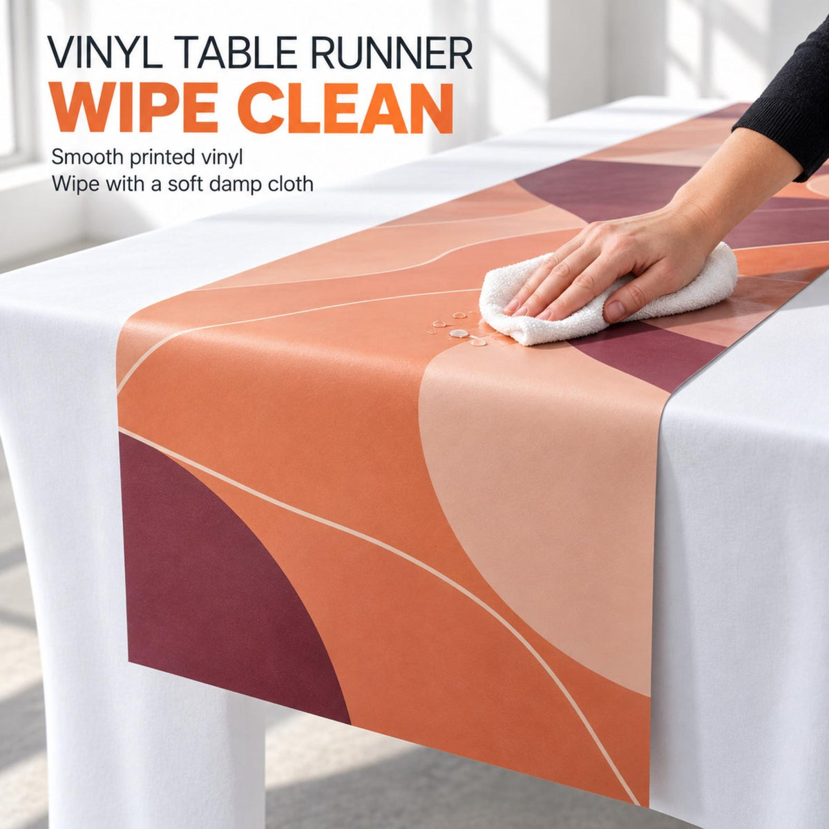 Wipe-clean vinyl table runner care guide