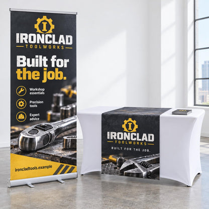Ironclad Toolworks banner and matching branded vinyl table runner