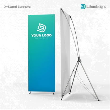 Front and back views of an X-banner display showing the lightweight support stand.