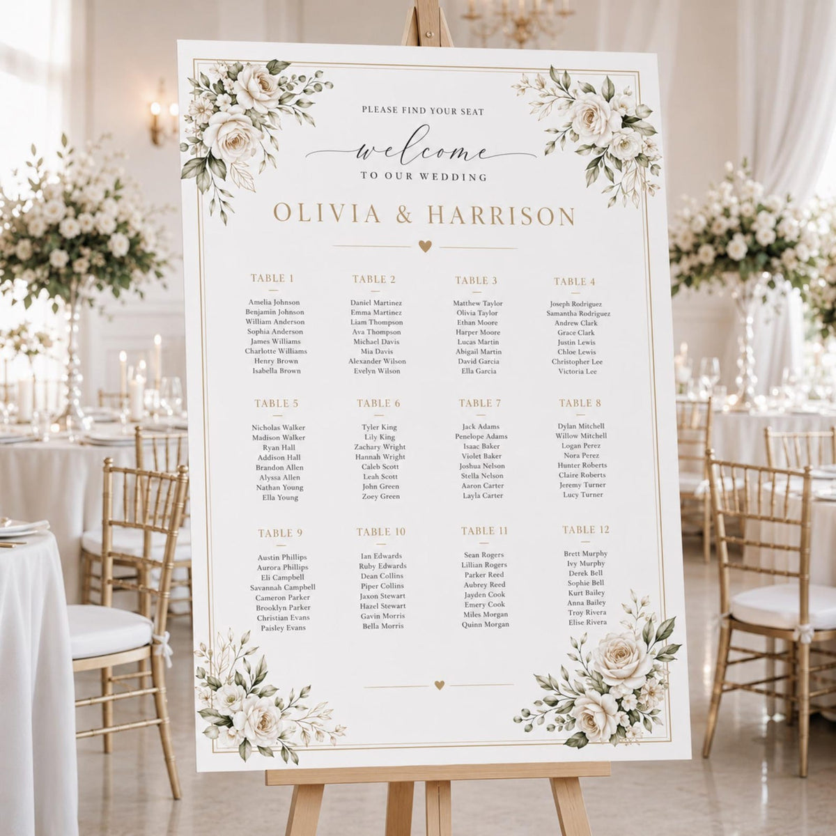 White rose wedding seating chart with guest names