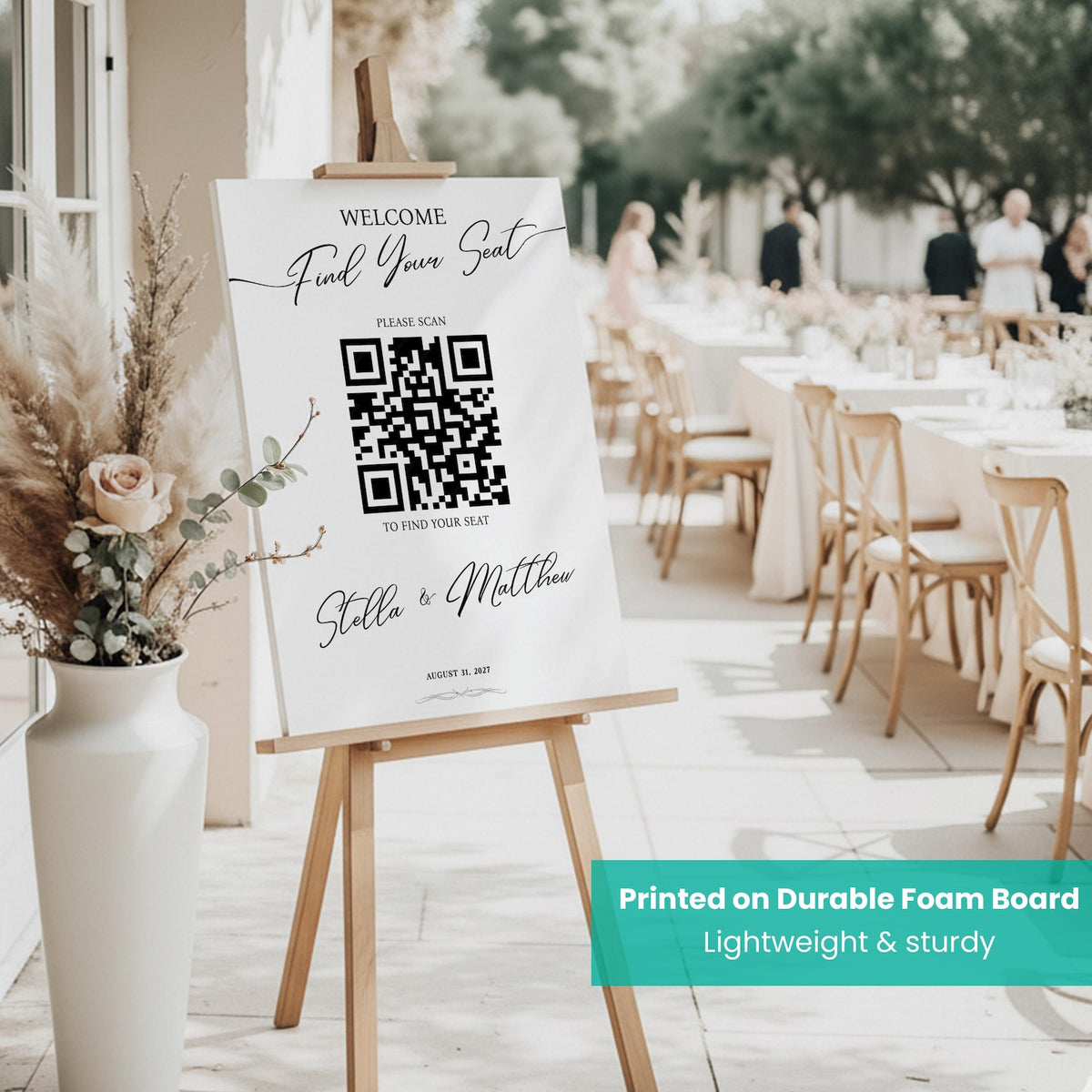 Personalized wedding seating sign with QR code