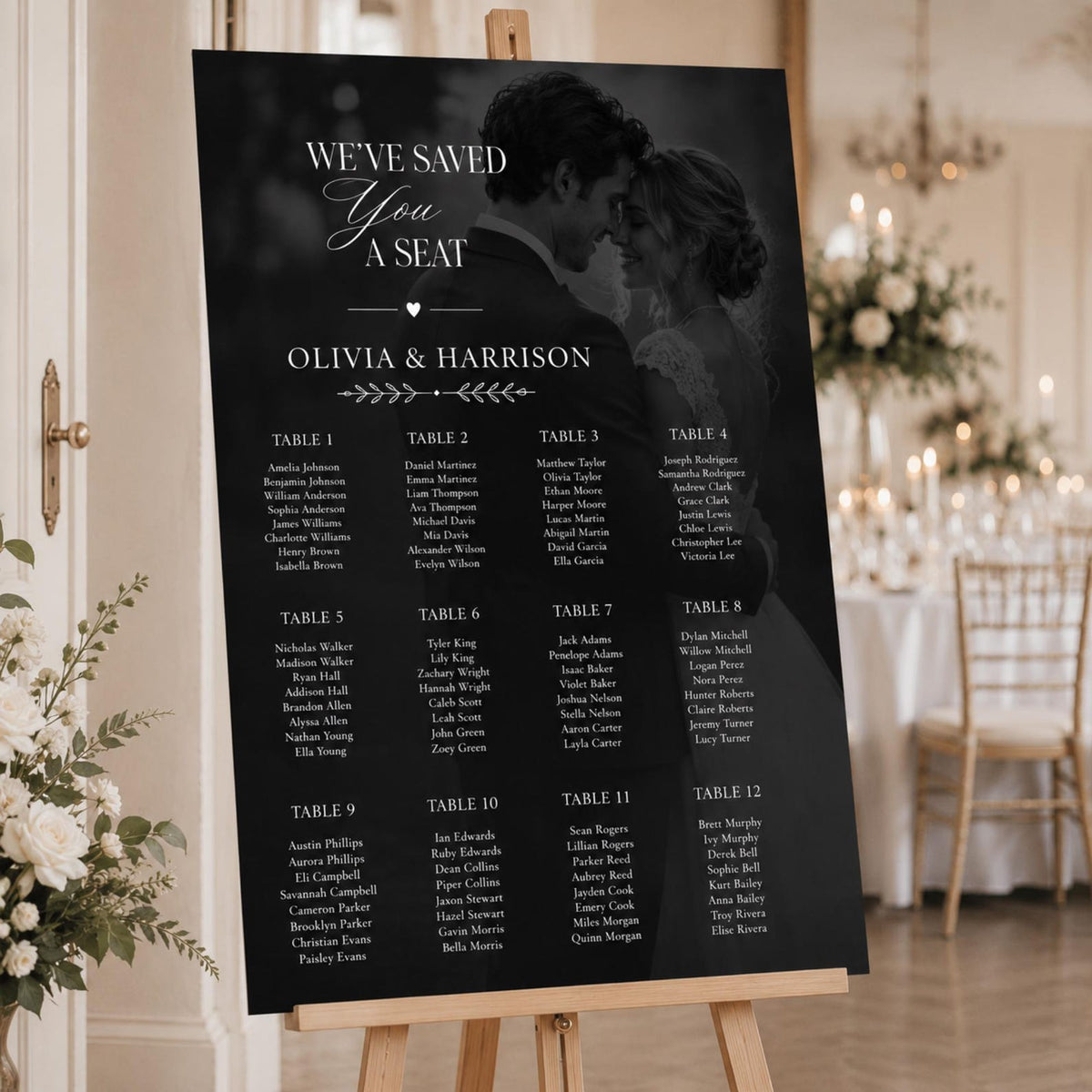 Black and white wedding table seating plan
