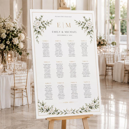 Floral wedding seating chart with initials and table assignments