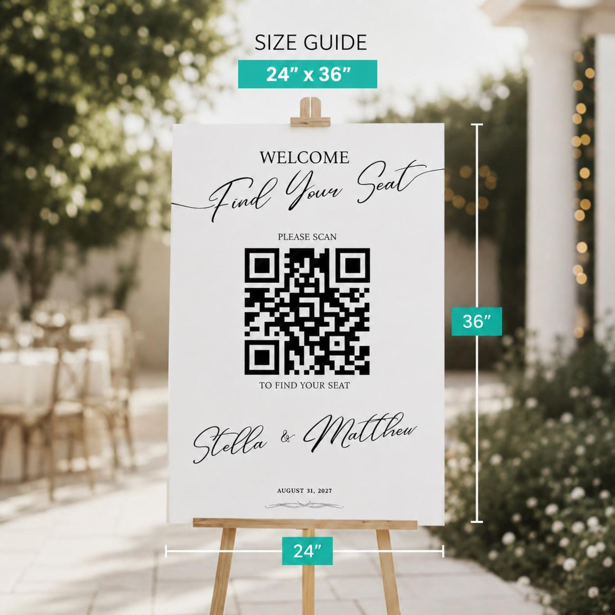 QR code wedding seating sign size illustration