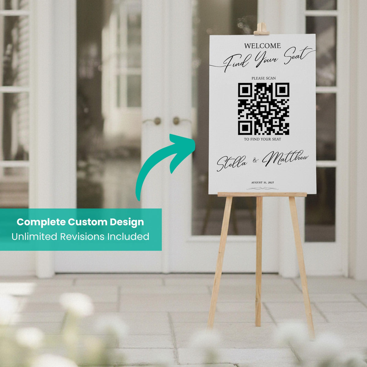 Wedding find your seat QR code sign on an easel