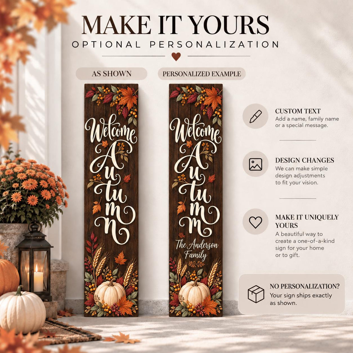 Welcome Autumn porch sign showing the original design and a personalized Anderson family example.