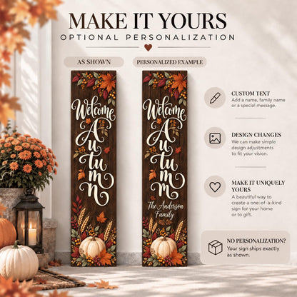 Welcome Autumn porch sign showing the original design and a personalized Anderson family example.